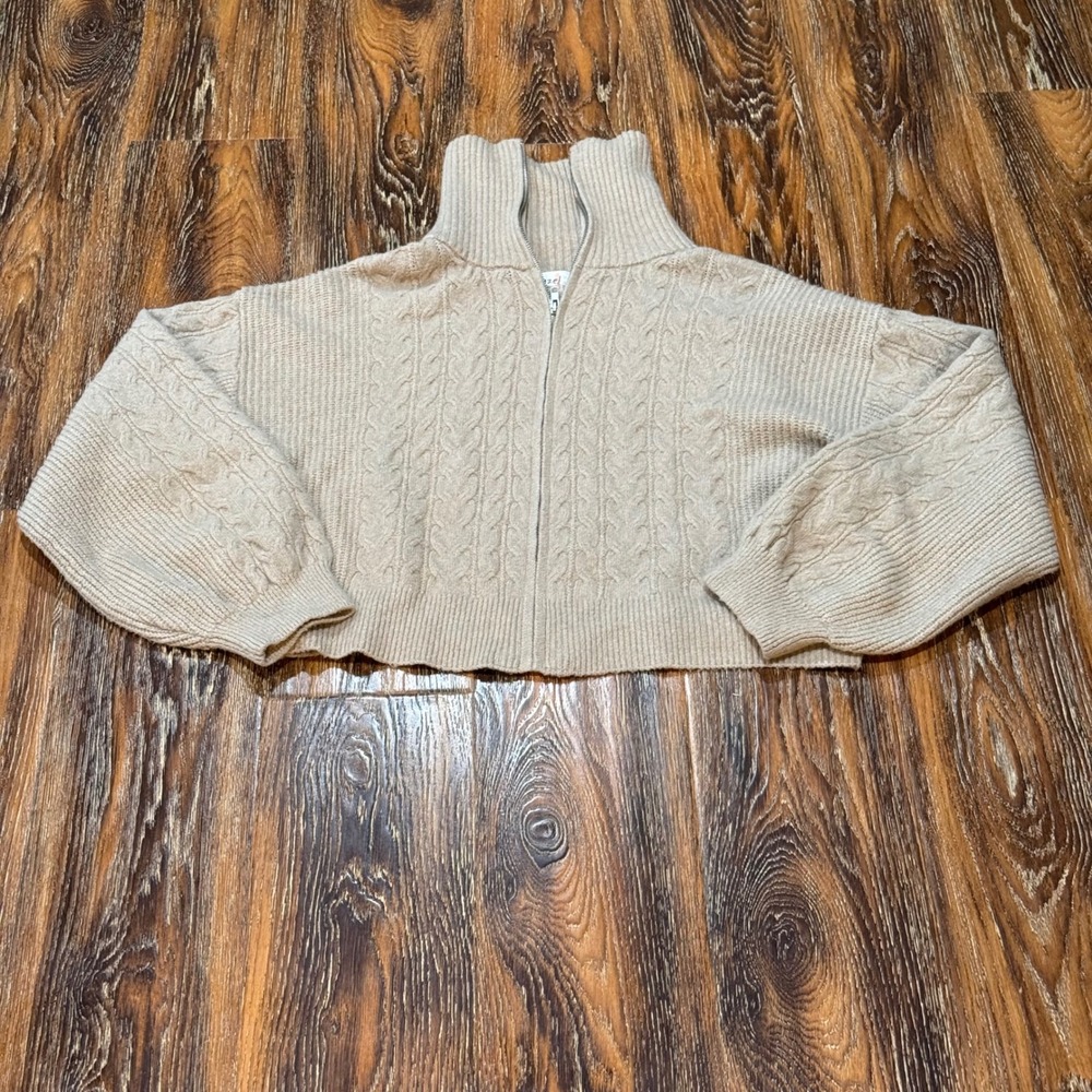 Hazel Moon Womens XL Beige Cable‎ Knit Cropped Zip Up Mock Neck Balloon Sleeve